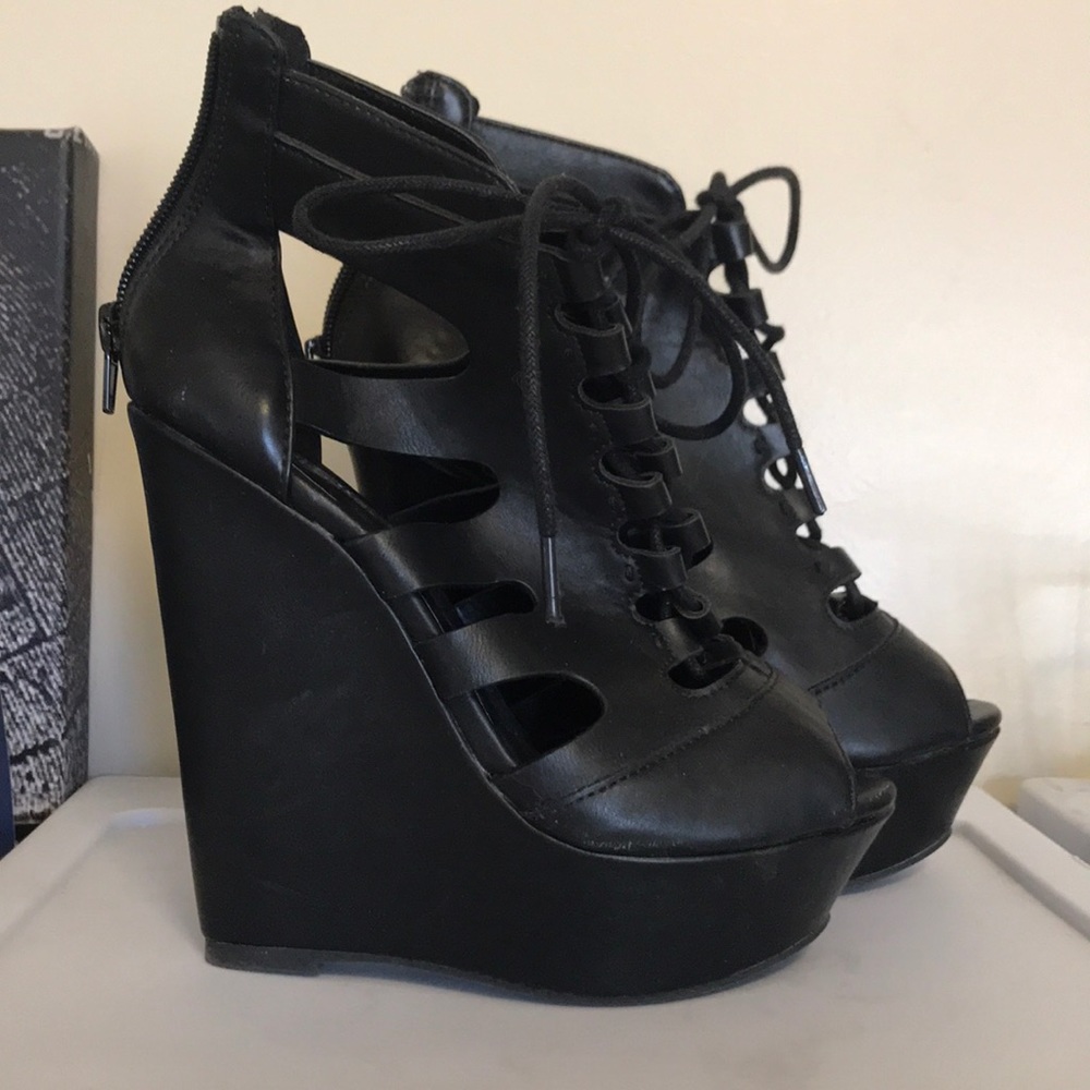 Charlotte Russe Black Lace Up Wedges Sz 6